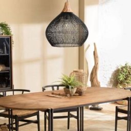 MACABANE Lámpara colgante "cloche" 68x68cm de ratán negro y teca