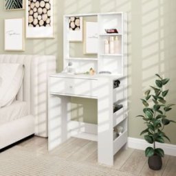 OKWISH Tocador blanco de madera con espejo y cajón 70x40x137 cm