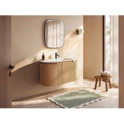 Unique Mueble de baño suspendido estriado en madera de fresno con lavabo encastrado de resina blanco mate - Natural claro - An. 90 cm - LILIKO