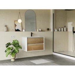Unique Mueble de baño suspendido para lavabo encastrado - Color natural claro y blanco - 80 cm - LANNICK