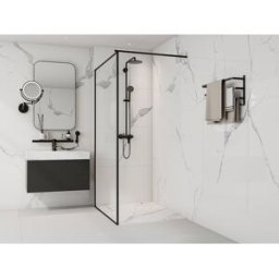 Unique Plato de ducha extraplano de resina SMC, recortable para instalar sobre el suelo o encastrado con sifón - Blanco marmolado - 140 x 90 cm - LYROSA