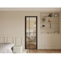 Unique Bloque de puerta reversible con diseño asimétrico en aluminio y vidrio templado - Alt. 204 x An. 73 cm - Negro - SANIVA
