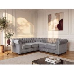 Unique Sofá rinconera de terciopelo CHESTERFIELD - Gris plateado