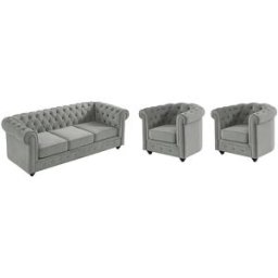 Unique Sofá 3 plazas y 2 sillones de terciopelo - Gris plata - CHESTERFIELD