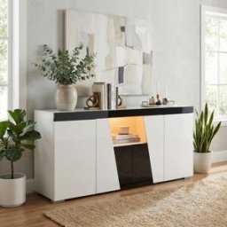 Urban Meuble Aparador de diseño en blanco y negro, 140 cm, con iluminación LED