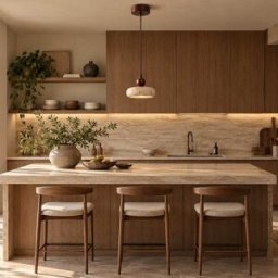 Concept Usine Lámpara colgante de diseño redondo en travertino y madera con efecto n