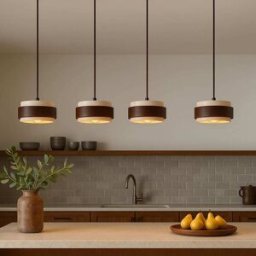 Concept Usine Lámpara de diseño con 4 colgantes en travertino y madera efecto nogal