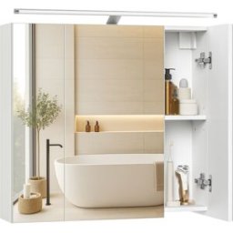 VASAGLE Armario de baño de pared con 3 puertas de espejo de color blanco