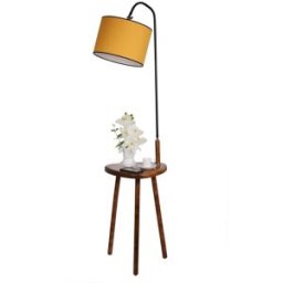 Wonderlamp Lámpara de pie con mesa de madera y pantalla de tela mostaza