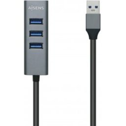 Aisens Hub USB3.0 Aluminio, Tipo A/M - 4x Tipo A/H - 30 cm - Negro