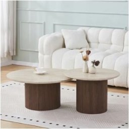 Juego de 2 mesas de centro nido redondas ESME - Tablero efecto travertino beige - Patas nogal oscuro