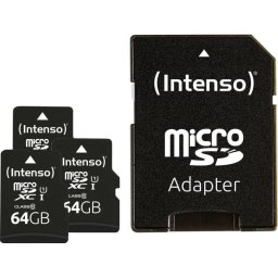 Tarjeta microSD Intenso 3 x 64 GB UHS-I 90 MB/s con adaptador SD, pack de 3