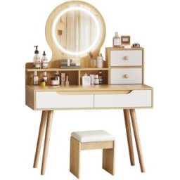 Urban Meuble Tocador compacto blanco efecto madera con espejo LED y taburete