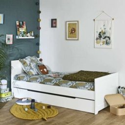 ID Kids Cama con somier y colchón madera maciza y mdf blanco 90x190 cm