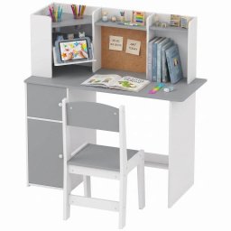 Escritorio Infantil Aiyaplay con Silla Soporte Tablet y Estantería Gris