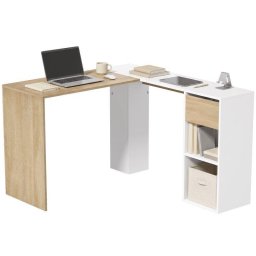 Escritorio HOMCOM en L Blanco y Madera Natural 120x110x75 cm Cajón y 2 Estantes
