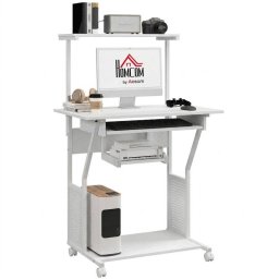 Mesa Escritorio Homcom Móvil 80x50x130 cm Bandeja Teclado Ruedas Blanco