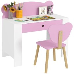 Escritorio Aiyaplay Infantil con Silla en Forma de Osito y Cajón Rosa