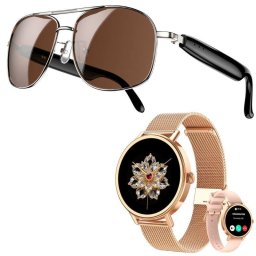 Blackview D1Pro Gafas Inteligentes Altavoces Bluetooth Plateadas + Smartwatch X30 Oro Rosa