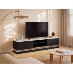 Unique Mueble TV 2 cajones y 2 estantes con LEDs de MDF - Negro y efecto mármol blanco - DEVIKA
