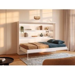 Unique Cama abatible 140 x 200 cm - Apertura horizontal manual - Con LEDs - Blanco - RAPILI