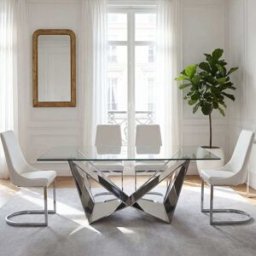 Pondecor Mesa de comedor de diseño, acero inoxidable efecto espejo y cristal