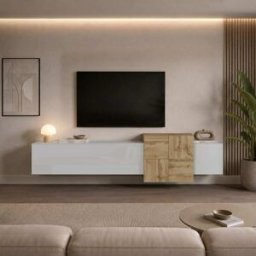 Whous Mueble tv suspendido 3 puertas efecto madera blanco/roble 210cm