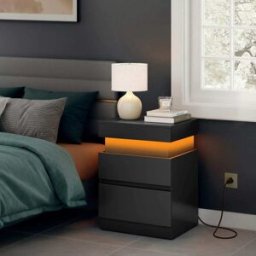 VASAGLE Juego de 2 mesitas de noche con regleta y led de color negro