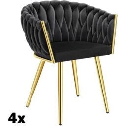 Tectake 4 sillas de comedor, terciopelo y anudado, 60,5x55x75 cm, negro/oro