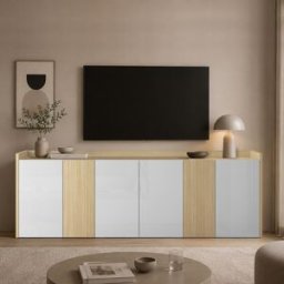 Whous Aparador 6 puertas efecto madera blanco brillo/roble claro 220cm