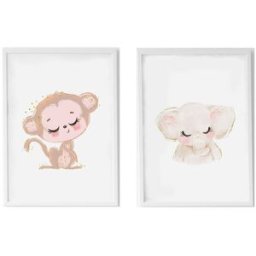 Crochetts Pack Láminas Monkey and Elephant enmarcada madera blanca 43X33 cm