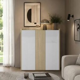 Whous Aparador 3 puertas efecto madera blanco brillo/roble 112,5x40x120