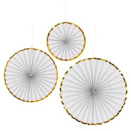 Rosaces éventails en papier ""glamour"", blanc/doré, 3 pièces
