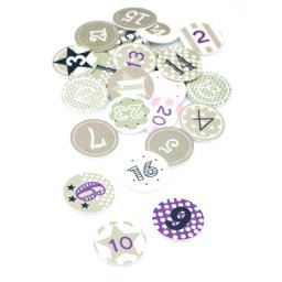 Chiffres pour calendrier de l'Avent, en bois, gris/blanc/violet, 3 cm, 24 pièces