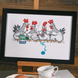 Tableau à broder ""poules tricoteuses"", 29 x 20 cm
