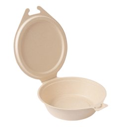 Saladier rond avec couvercle charnire en bagasse - Naturel - 600 ml -