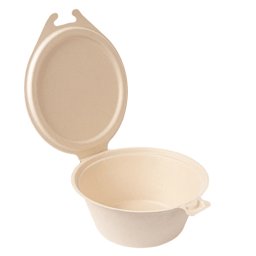 Saladier rond avec couvercle charnire en bagasse - Naturel - 1300 ml