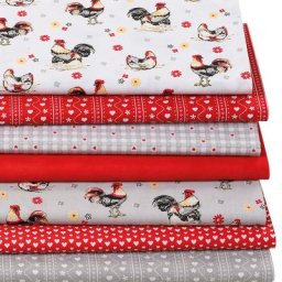 Lot de 7 coupons de tissu patchwork ""poules/style champêtre"", rouge/gris