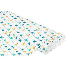 Tissu coton ""poules sur fil"", blanc/multicolore