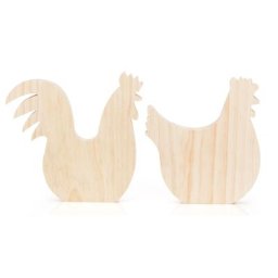 Poule et coq en bois brut, 25,5 cm et 24,5 cm, 2 pièces