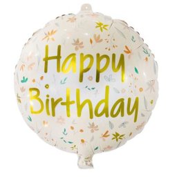 Ballon hélium ""happy birthday"" fleurs, pastél/doré, Ø 45 cm