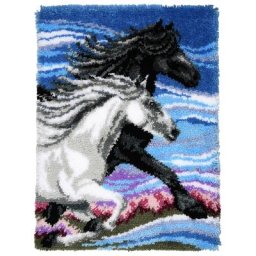 Tapis au point noué ""chevaux noir et blanc