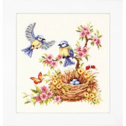 Tableau à broder ""nid de mésanges"", 23 x 23 cm