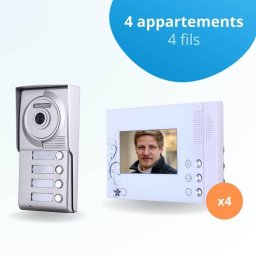 Portier interphone vidéo classic 4 fils - 4 appartements - 4 écrans blancs