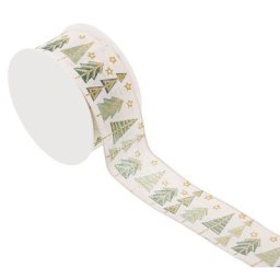 Ruban en tissu ""sapins"" avec bords laitonnés, crème/vert, 40 mm, 5 m
