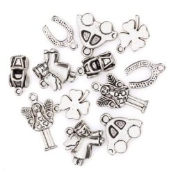 Pendentifs ""porte-bonheur"", argenté, 10–25 mm, 12 pièces