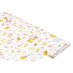 Tissu coton bio ""Pâques"", blanc délavé/multicolore