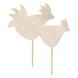 Poule et coq en bois, avec tiges, 30 & 25 cm, 2 pièces