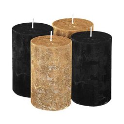Bougies rustiques, noir métallisé/doré métallisé, 6 cm Ø, 10 cm de haut, 4 pièces