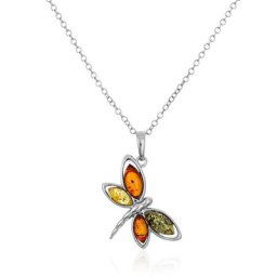 Collier Libellule Argent Blanc Ambre